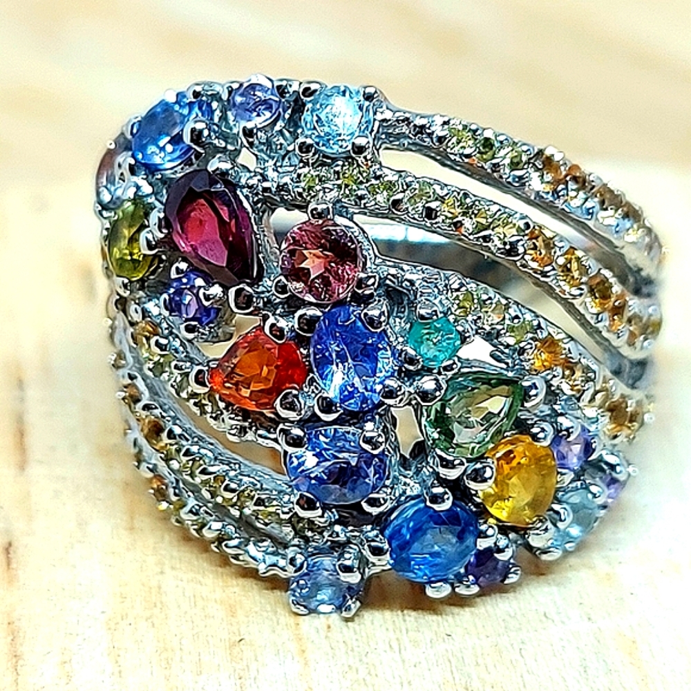Natural Rhodolite Garnet, Emerald & Kyanite Gems 925 Sterling Silver Ring Sz 7.5